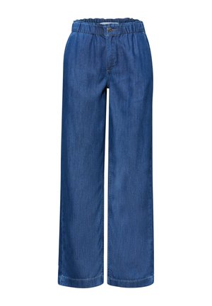 Pantalon en denim bleu à jambes larges avec taille élastique, fermeture par bouton et braguette zippée à l'avant.