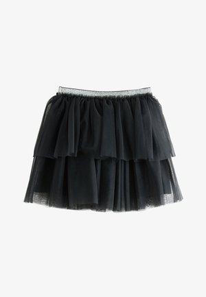 Czarna wielowarstwowa spódnica z tiulu z srebrnym elastycznym pasem w talii, długość do kolan i rozkloszowany krój.