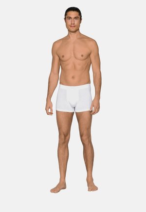 Junger Mann mit kurzen dunkelbraunen Haaren, barfuß und in weißen Boxershorts vor einem schlichten hellgrauen Hintergrund stehend.