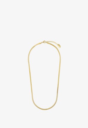 Gouden metalen ketting met een glad, afgerond ontwerp. Voorzien van een ketting sluiting en verstelbare lengte met een klein label detail.