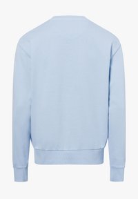 Hellblaues Sweatshirt mit Rundhalsausschnitt, langen Ärmeln, gerippten Ärmelbündchen und Saum. Glatte Textur, keine Muster oder zusätzlichen Applikationen.