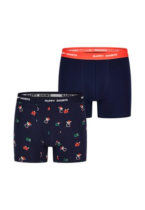 Zwei Paare aus marineblauen Baumwollboxershorts. Eine hat einen festlichen Druck mit dem Weihnachtsmann und dem Text "Ho"; die andere hat ein einfarbiges marineblaues Design mit einem orangefarbenen Bund.