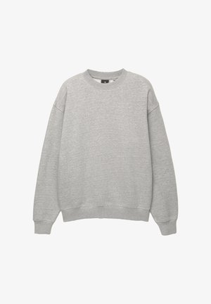 Gray sweatshirt with a round neckline, dropped shoulders, ribbed cuffs, and hem. Made of soft fabric with a smooth texture.