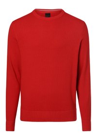 Roter gestrickter Pullover mit strukturiertem Rippenmuster, Rundhalsausschnitt und langen Ärmeln. Verfügt über eine einfarbige Optik mit einem schlichten Design und elastischen Bündchen.