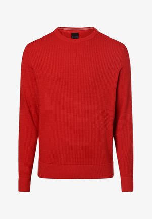 Red knitted sweater with a ribbed texture, crew neck, and long sleeves. Features a solid color with a simple design and elastic cuffs.