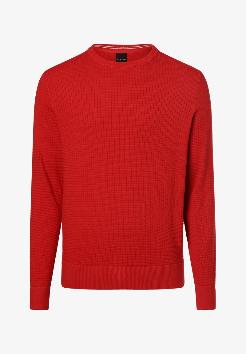 Roter gestrickter Pullover mit strukturiertem Rippenmuster, Rundhalsausschnitt und langen Ärmeln. Verfügt über eine einfarbige Optik mit einem schlichten Design und elastischen Bündchen.