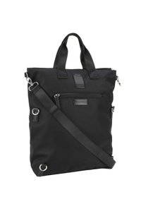 Sort nylon tote taske med dobbel top-håndtag, justerbar rem, frontlomme med lynlås og hardware accenter i sølvfarve. Glat tekstur, rektangulær form.