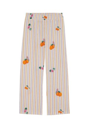 Pantalon blanc rayé avec des lignes verticales orange, rose et violettes, ornées de fruits oranges brodés et de petites grappes de fleurs roses.