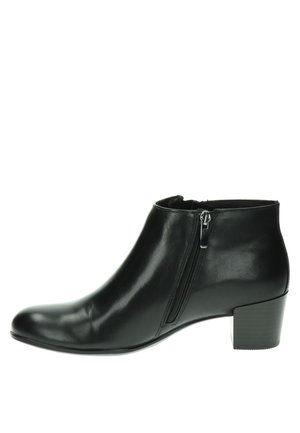 Bottine en cuir noir avec fermeture éclair latérale et petit talon carré, design élégant et bout arrondi.