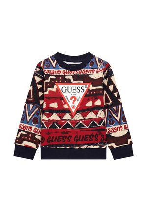 Wielokolorowa bluza z geometrycznymi wzorami w odcieniach czerwieni, niebieskiego i kremowego, z ściągaczami na mankietach i centralnym trójkątnym logo.