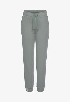 Light grey sweatpants made of soft material. Features elastic waistband with adjustable drawstring and tapered legs. Minimal branding detail.