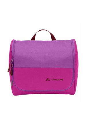 Trousse de toilette compacte suspendue, violette et rose, avec fermetures éclair et une petite poignée, ornée du logo VAUDE à l'avant.