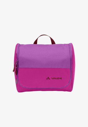 Trousse de toilette compacte suspendue, violette et rose, avec fermetures éclair et une petite poignée, ornée du logo VAUDE à l'avant.