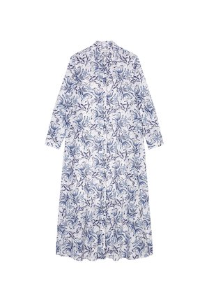 Wit overhemdjurk met lange mouwen en knopen, met een blauw bloemen- en bladpatroon, voorzien van een kraag en een lengte tot halverwege de kuit.