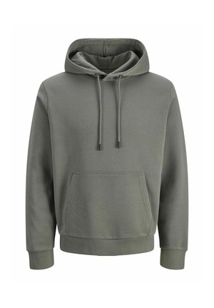 Grå pullover hoodie lavet af blødt stof, med en kængurulomme, justerbar snor i hætten og ribbede manchetter og kant.
