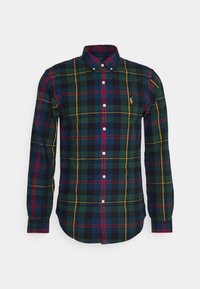 Koszula w kratę z guzikami, w kolorach zielonym, niebieskim, czerwonym i żółtym, uszyta z tkaniny włożonej, z klasycznym kołnierzykiem i długimi rękawami.