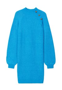 Helles blaues gestricktes Sweatshirt mit einem hohen Kragen, langen Puffärmel und drei dekorativen bronzefarbenen Knöpfen an der Schulter.