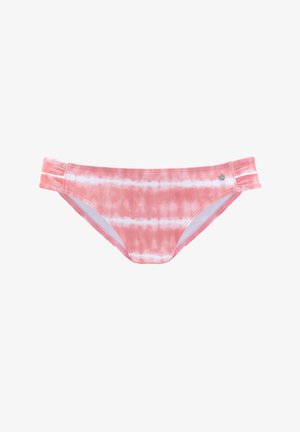 Roze tie-dye bikini onderkant met een zachte, gladde textuur, zijaccenten en een elastisch ontwerp voor comfort.