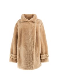 Bež jakna iz flisa s ovratnikom, gumbi na manšetah in stranskimi žepi. Tekstura je mehka, z rahlo puhasto površino in šivanimi detajli.