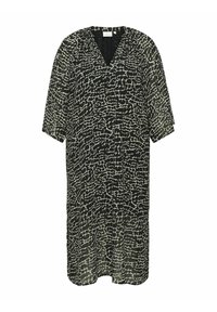 Robe à motif noir et blanc avec un décolleté en V, des manches courtes et une coupe ample. Fabriquée en tissu léger et semi-transparent.