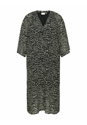 Abito a righe bianche e nere con scollo a V, maniche corte e vestibilità ampia. Realizzato in un tessuto leggero e semitrasparente.