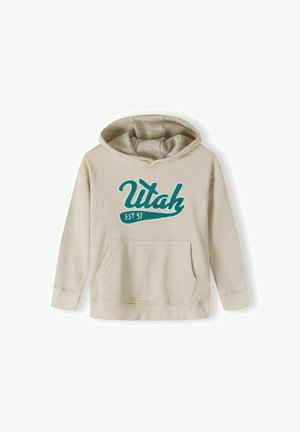 Sweatshirt à capuche beige avec broderies teal "Utah" et "EST 97", avec une poche avant et des poignets côtelés. Tissu doux.