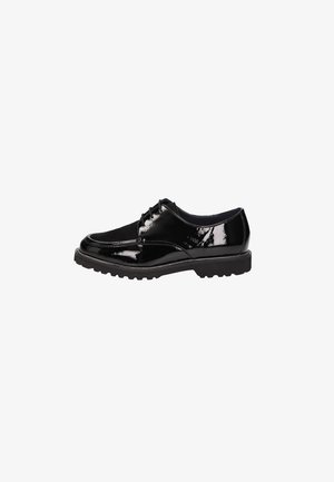 Scarpa oxford in pelle verniciata nera con finitura liscia, punta arrotondata e suola in gomma texturizzata. Caratterizzata da chiusura con lacci e tacco basso impilato.
