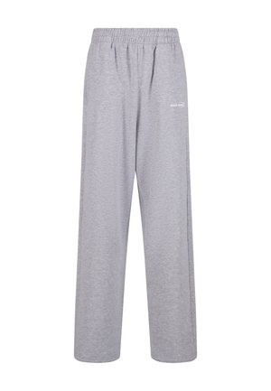 Szürke szabadidőnadrág puha pamutkeverék anyagból, elasztikus derékpánttal és laza szabással, bal lábon egy kis fehér logóval.