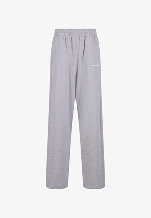 Szürke szabadidőnadrág puha pamutkeverék anyagból, elasztikus derékpánttal és laza szabással, bal lábon egy kis fehér logóval.