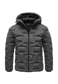 Gray puffer jacket with a detachable hood, zip front, and quilted design. Features elastic cuffs and a soft texture.