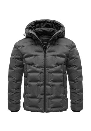 Gray puffer jacket with a detachable hood, zip front, and quilted design. Features elastic cuffs and a soft texture.