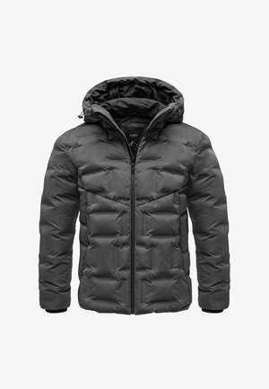 Gray puffer jacket with a detachable hood, zip front, and quilted design. Features elastic cuffs and a soft texture.