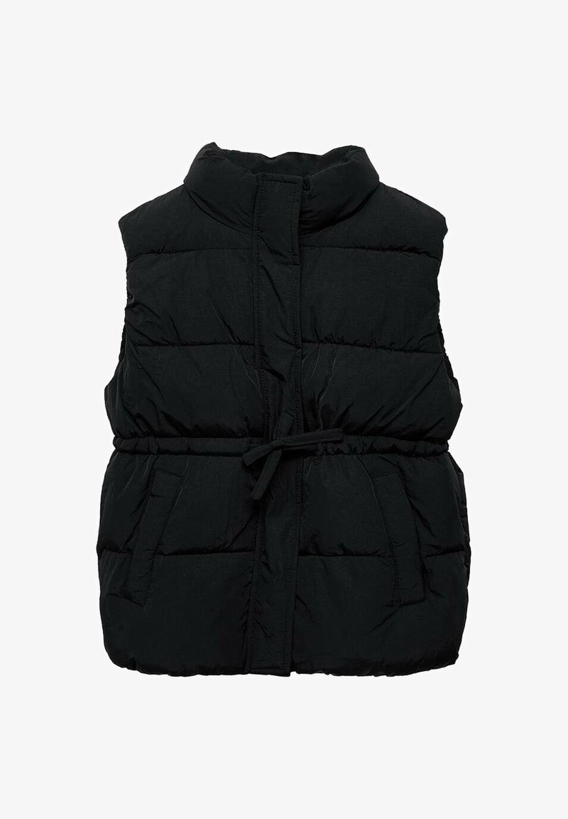 Schwarze Pufferweste mit hohem Kragen, Taillenbund zum Binden und zwei Vorderaschen. Verfügt über eine gesteppten Textur und eine cropped Silhouette.