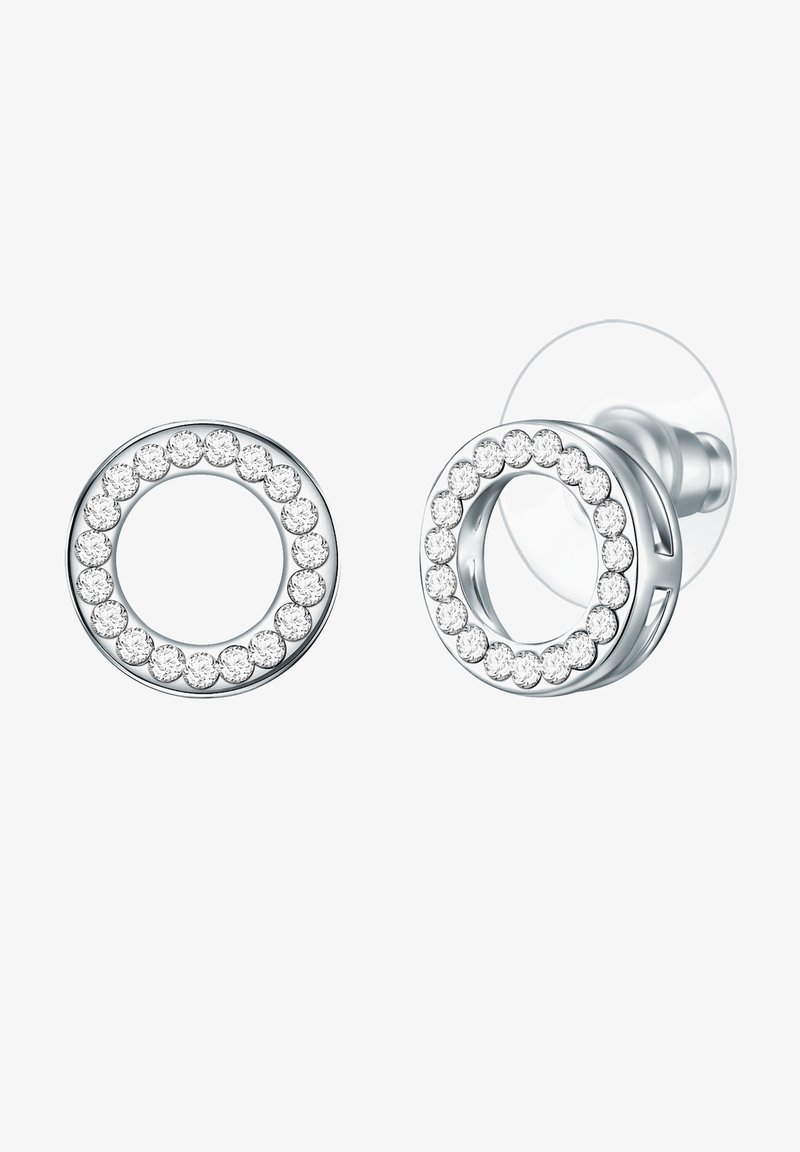 Orecchini circolari d'argento caratterizzati da una serie di gemme limpide lungo il bordo, con retro trasparente e finitura lucida.