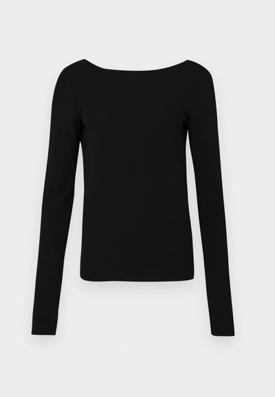 Camisola preta de mangas longas com um decote amplo, design ajustado e textura suave. Sem padrões ou acessórios visíveis.