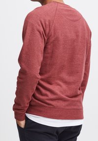 Felpa a girocollo bordeaux realizzata in tessuto morbido. Presenta polsini e orlo a costine, con una texture liscia. La vista posteriore mostra il design delle maniche raglan.