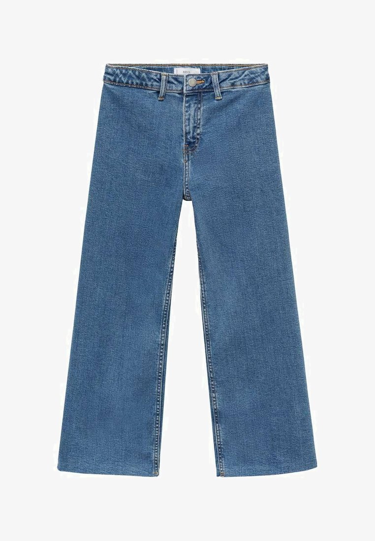 Ljusblå vida jeans i denim, med hög midja, bälten, och en klassisk femfickorsdesign med knäppning framtill.