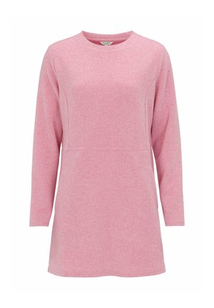 Pink ribbed sweater dress with long sleeves, round neckline, and a slightly fitted silhouette, made from soft textured fabric.