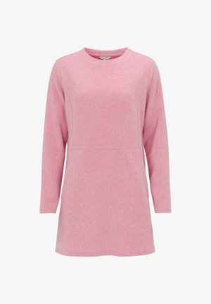 Pink ribbed sweater dress with long sleeves, round neckline, and a slightly fitted silhouette, made from soft textured fabric.
