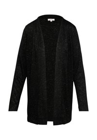 Schwarzer Cardigan aus strukturiertem Stoff mit lockerer Passform, offenem Front und langen Ärmeln. Dezentes gesprenkeltes Muster im gesamten Material.