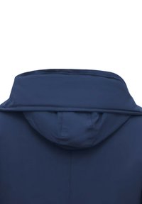 Marineblauwe jas met kap, van achteren weergegeven, met een gladde stof en eenvoudige naaddetails.