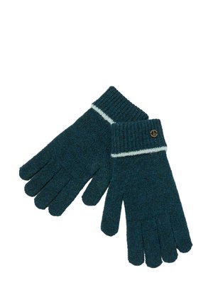 Dos guantes de punto de color verde azulado oscuro se superponen sobre un fondo blanco, con puños acanalados, ribete claro y un pequeño botón dorado.
