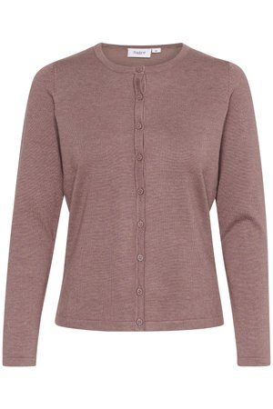 Mauve villatakki, joka on valmistettu pehmeästä neulemateriaalista, jossa on pyöreä kaula-aukko, pitkät hihat ja nappisulku, jossa on kuusi matching-painiketta.