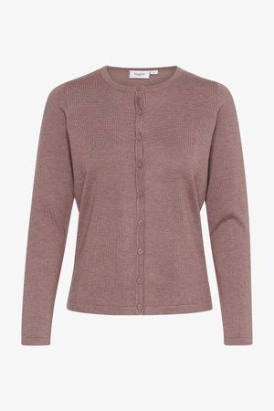 Mauve cardigan made of soft knit material, featuring a round neck, long sleeves, and a button-down front with six matching buttons.