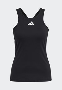 Zwarte sportieve tanktop met een ronde halslijn en racerback ontwerp. Voorzien van een wit Adidas-logo op de voorkant. Gemaakt van soepel, lichtgewicht stof.