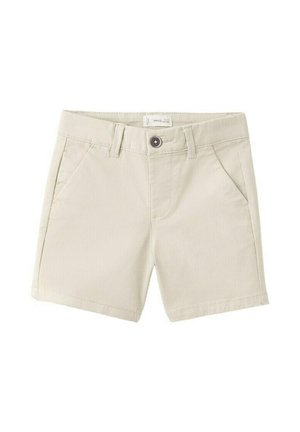 Beige bomuldsshorts med forlommer, bæltestropper og knaplukning.