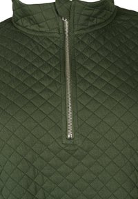 Pullover verde scuro a mezza zip con un motivo trapuntato, texture morbida e zip metallica lungo il centro frontale.