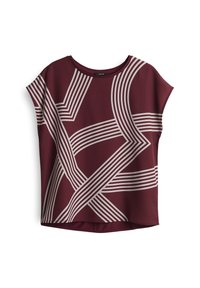 Burgunderfarbenes Kurzarmoberteil mit einem geometrischen Muster aus weißen Linien. Hergestellt aus glattem Stoff, bietet es einen lässigen Schnitt und einen abgerundeten Ausschnitt.