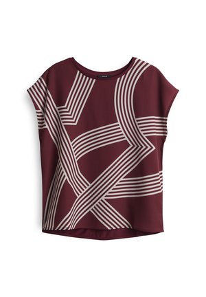 Bordeaux kortere mouwen top met een geometrisch wit lijnpatroon. Gemaakt van gladde stof, heeft het een relaxte pasvorm en een ronde halslijn.