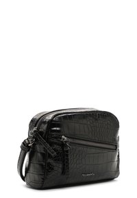 Borsa a tracolla nera con effetto coccodrillo, finitura testurizzata, doppio zip e tracolla regolabile per un trasporto versatile.